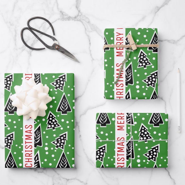 Green and black Merry Christmas trees holiday Wrapping Paper Sheet (Front)