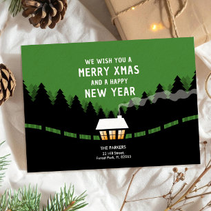 Green and black Merry Xmas with retro pine trees Card