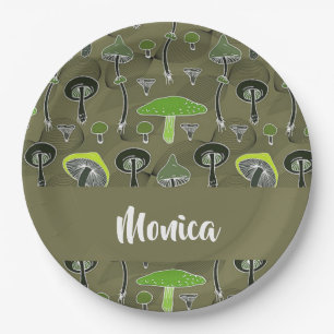 Green and black mushrooms pattern paper plate