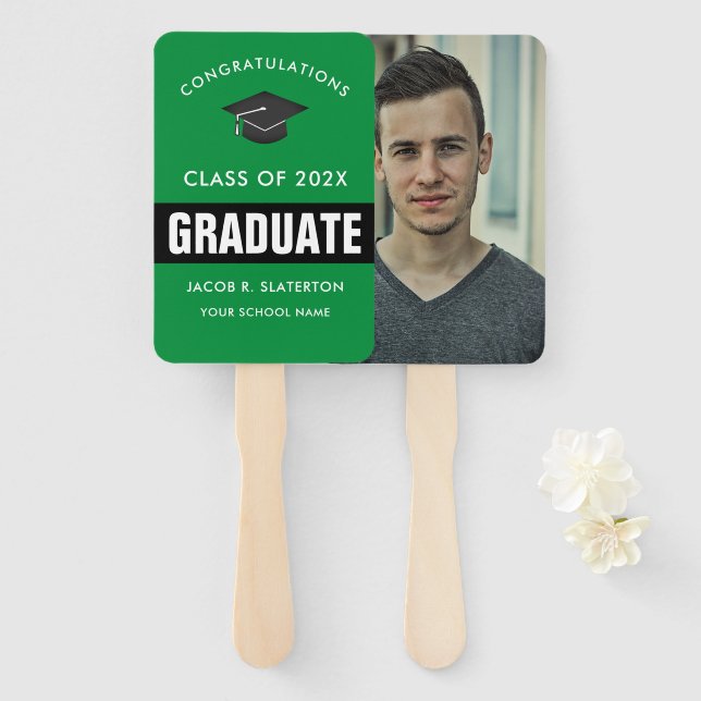Green and Black Photo Graduation Hand Fan (Front and Back)