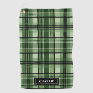 Green And Black Plaid Pattern With Custom Name Golf Towel