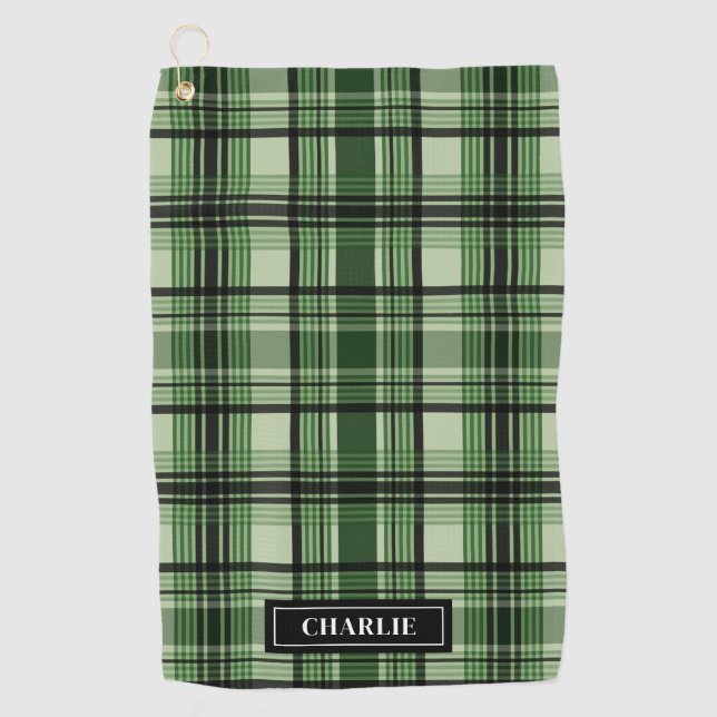 Green And Black Plaid Pattern With Custom Name Golf Towel (Front)