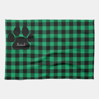 Green And Black Plaid Paw Print Kitchen Towel