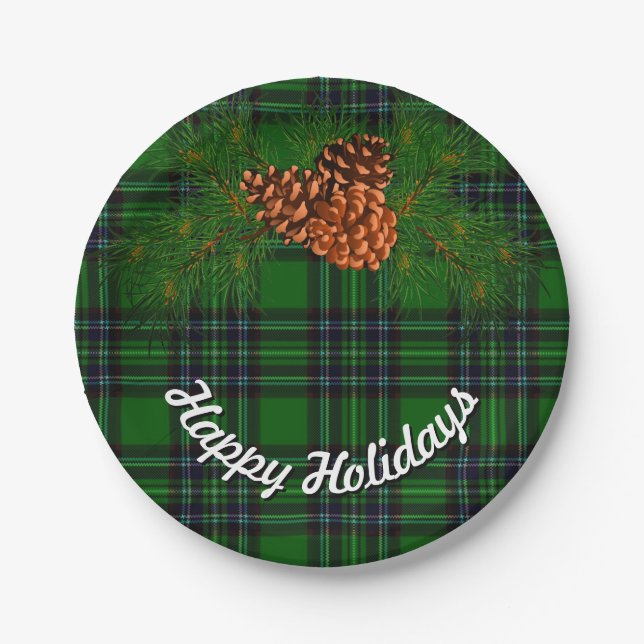Green and Black plaid - pine cones Paper Plate (Front)