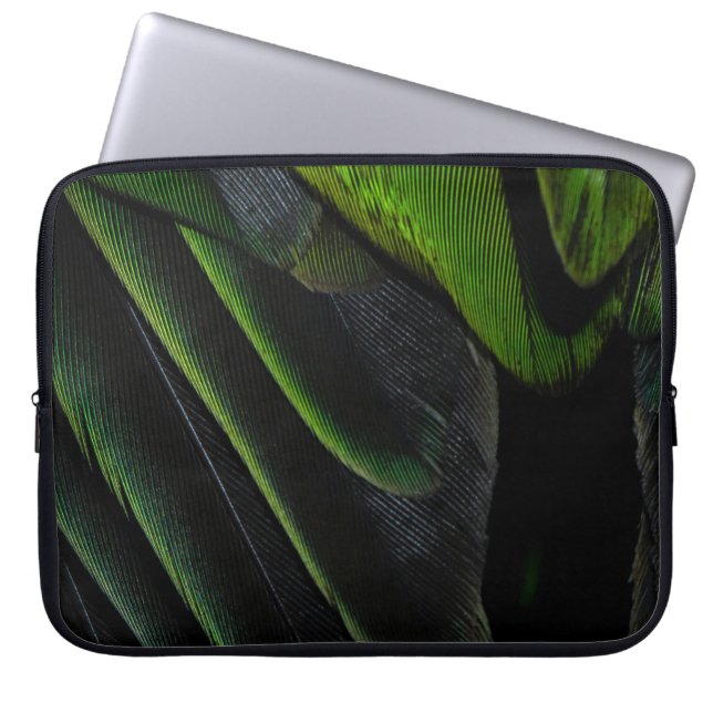 Green and black plaid textile laptop sleeve (Front)