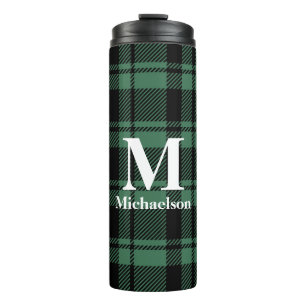 Green and Black Plaid with Monogram Name  Thermal Tumbler