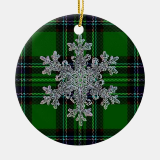 Green and Black Plaid with snow flake detail Ceramic Tree Decoration (Front)