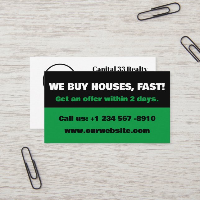 Green and Black Real Estate Investor We Buy Houses Business Card (Front/Back In Situ)