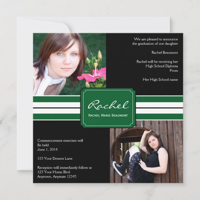 Green and Black Ribbon Photo Graduation Invitation (Front)