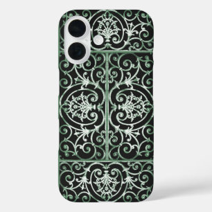 Green and black scrollwork pattern iPhone 16 case