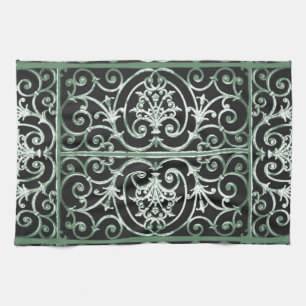 Green and black scrollwork pattern tea towel