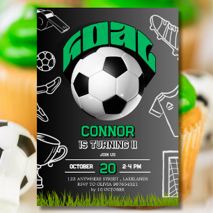 Green and Black Soccer Ball Birthday Party  Invitation