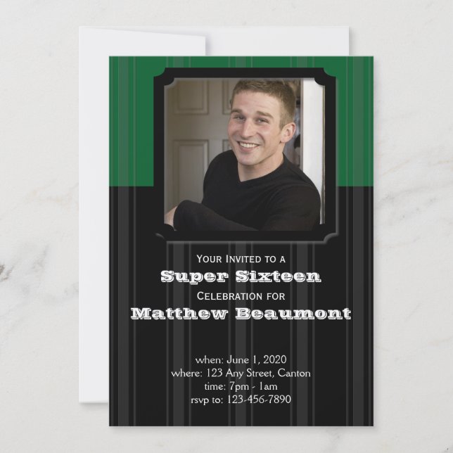 Green and Black Stripe Birthday Party Invitation (Front)