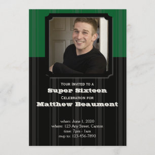 Green and Black Stripe Birthday Party Invitation
