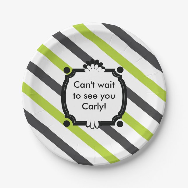 Green and Black Striped Baby Shower Paper Plate (Front)