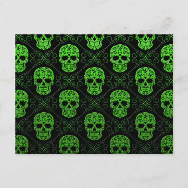 Green and Black Sugar Skull Pattern Postcard (Front)