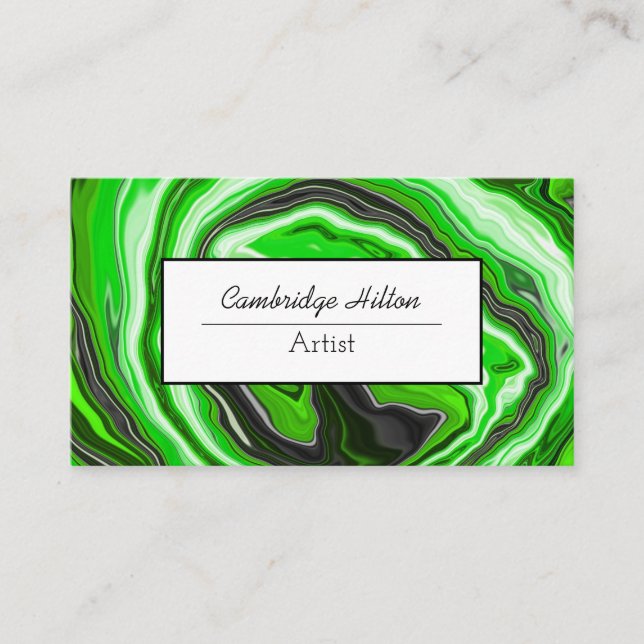 Green and Black Swirl Abstract Fluid Art  Business Card (Front)