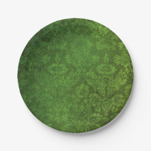 Green and Black Vintage Damask Paper Plates