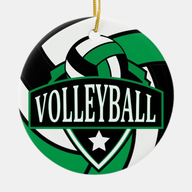 Green and Black 🏐 Volleyball Logo Ceramic Tree Decoration (Front)