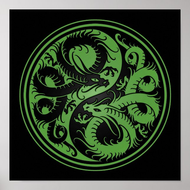 Green and Black Yin Yang Chinese Dragons Poster (Front)