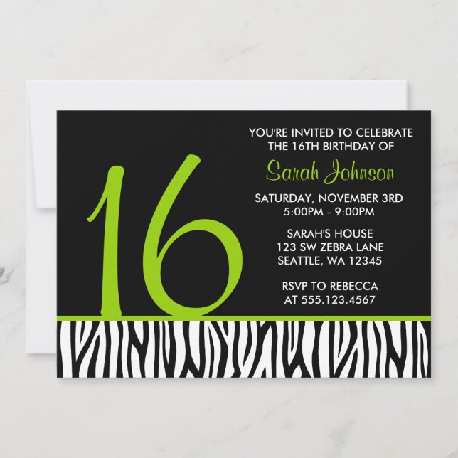 Green and Black Zebra Sweet 16 Number Birthday Invitation (Front)
