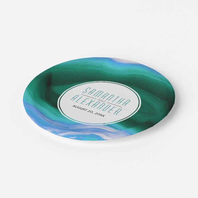 Green and blue agate slice and frame wedding paper plate (Angled)