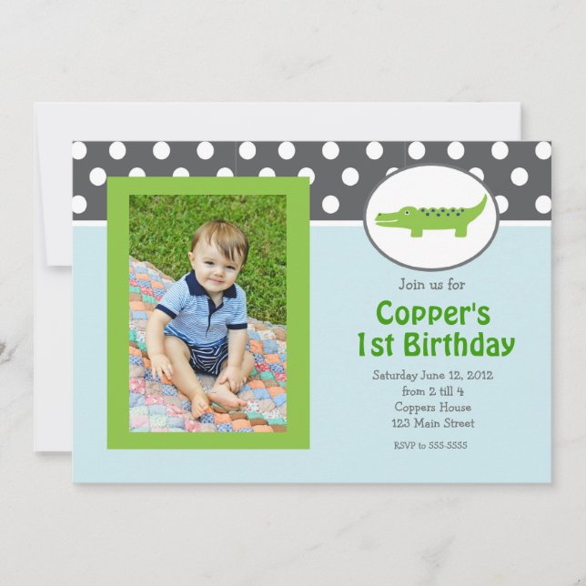 Green and blue Alligator Birthday Invitation (Front)