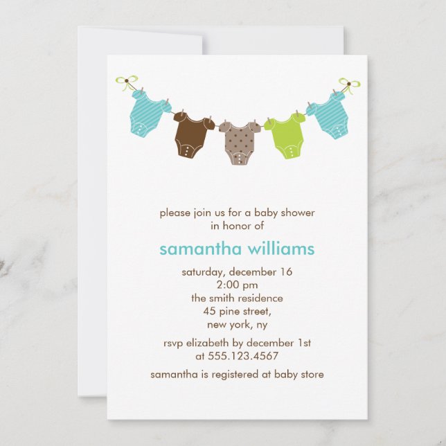 Green and Blue Baby Clothes Baby Shower Invitation (Front)
