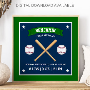 Green and Blue Baseball Bats and Balls Birth Stats Poster