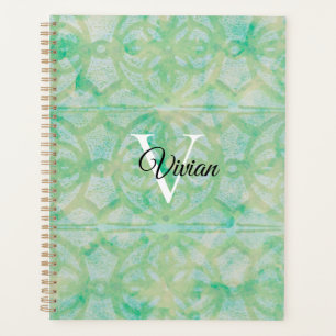 Green And Blue Batik Elegant Monogram Name Planner