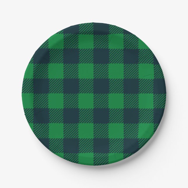 Green and Blue Buffalo Plaid Paper Plates (Front)