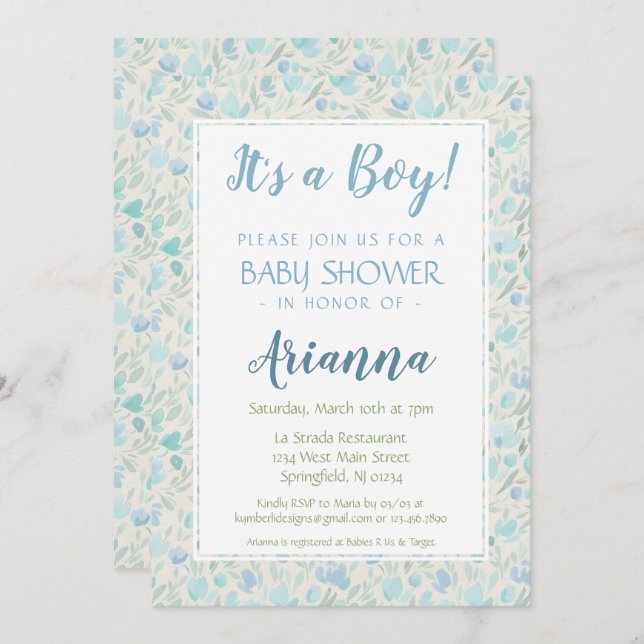 Green and Blue Floral Baby Boy Shower Invitation (Front/Back)