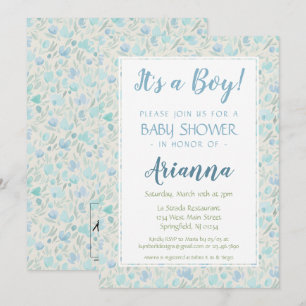 Green and Blue Floral Baby Boy Shower Invitation
