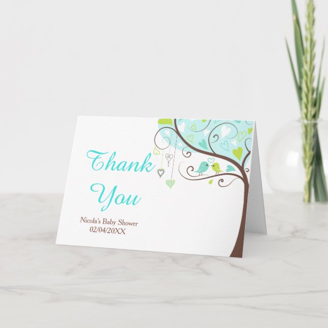 Green and Blue Floral Bird Baby Shower Thank You Card (Front)