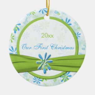 Green and Blue Floral First Christmas Ornament