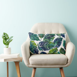Green and Blue Foliage Philodendron Botanical   Lumbar Cushion