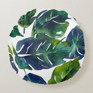 Green and Blue Foliage Philodendron Botanical Round Cushion