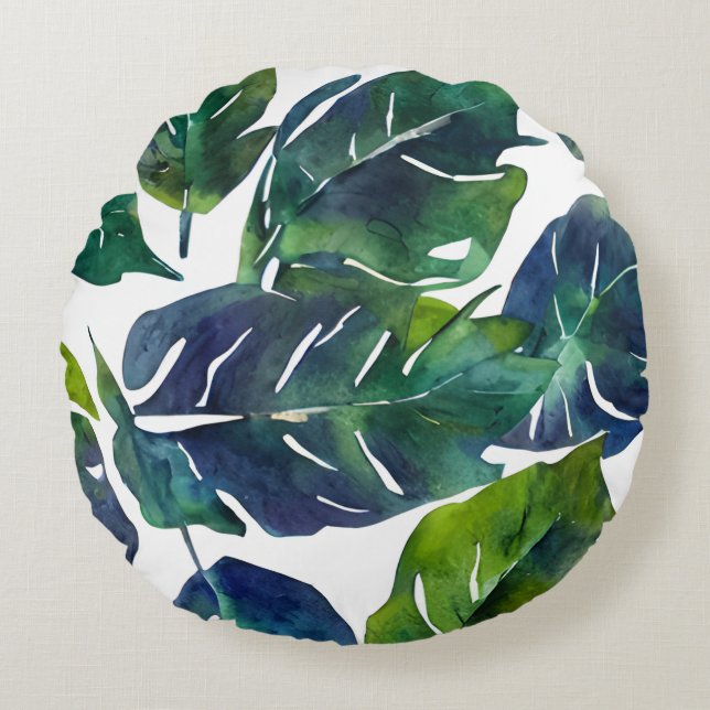 Green and Blue Foliage Philodendron Botanical   Round Cushion (Front)