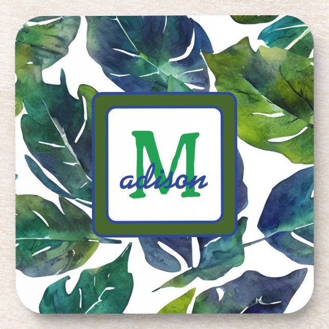 Green and Blue Foliage Philodendron Monogrammed Coaster (Front)