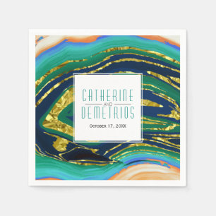 Green and blue gold foil agate and frame wedding napkin