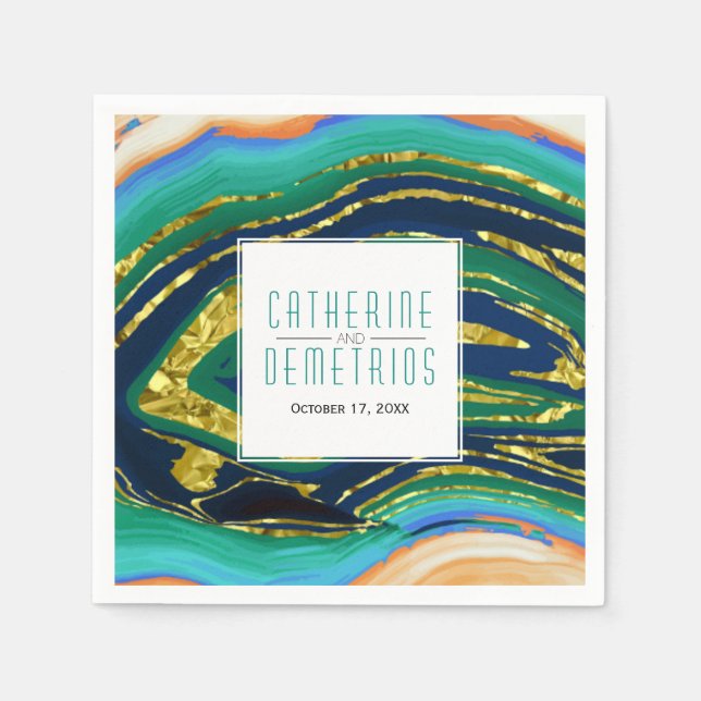 Green and blue gold foil agate and frame wedding napkin (Front)