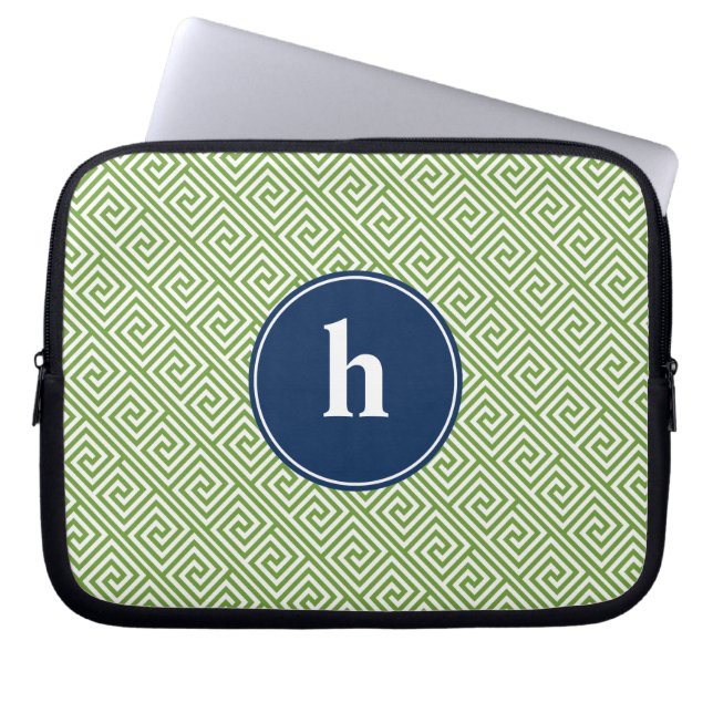 Green and Blue Greek Key Pattern Monogram Laptop Sleeve (Front)