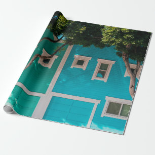 Green and blue houses beside trees on sidewalk wrapping paper