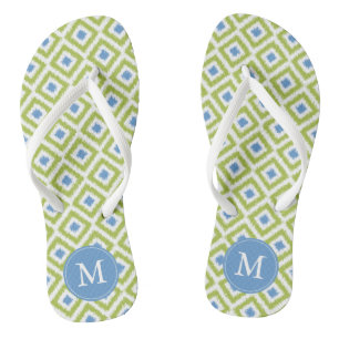 Green and Blue Ikat Pattern Monogram Jandals