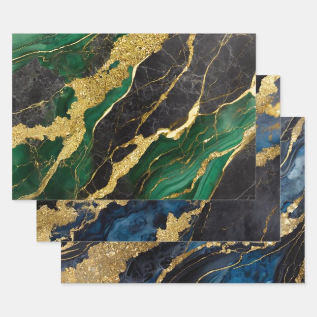 Green and Blue Marble Pattern with Gold Wrapping Paper Sheet (Set)