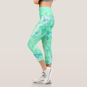 green and blue Marble Swirl Abstract Capri Leggings