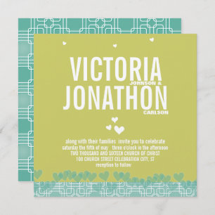 Green and Blue  Modern Hearts Typography Wedding Invitation