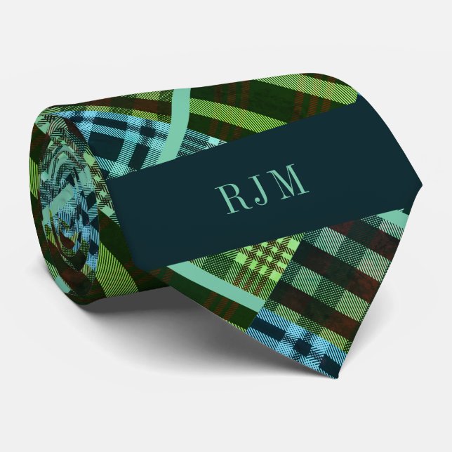 Green and Blue Monogrammed Diagonal Plaid Tie (Rolled)