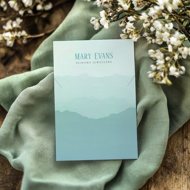 Green and blue mountains necklace display card (Green necklace display card featuring a delicate watercolor soft green mountains)