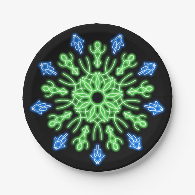 Green and blue neon flower paper plate (Front)
